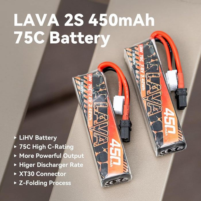 BETAFPV Lava 450mAh 2S 7.6V LiHV 75C FPV Lipo Battery with XT30 Connector, Recha