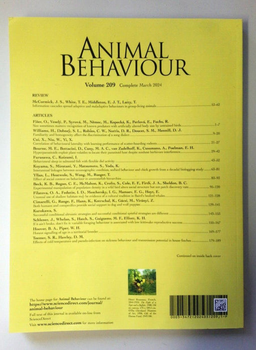 Animal Behaviour Journal Vol 209 Complete March 2024