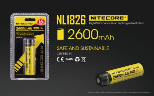Lithium rechargeable battery li-ion NL1826 18650 pack 2600mah 500 loads-nitecore