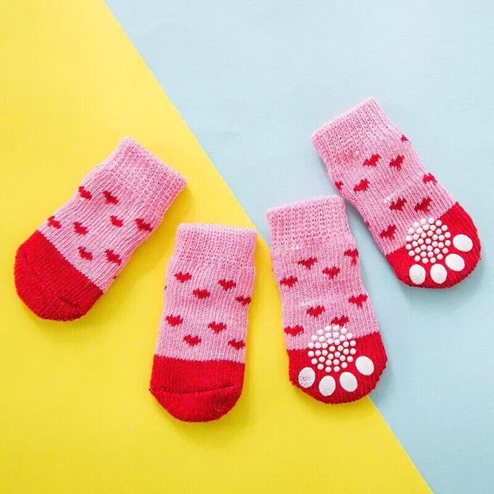 4X Pet Sock Dog Cat Anti Slip Puppy Paw Protector Indoor Warm Shoes Small Pink