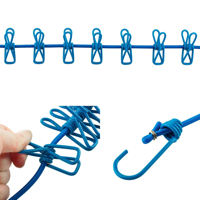 TRIXES Travel Washing Line NEW Blue Long Compact Flexible 12 Peg Portable Line