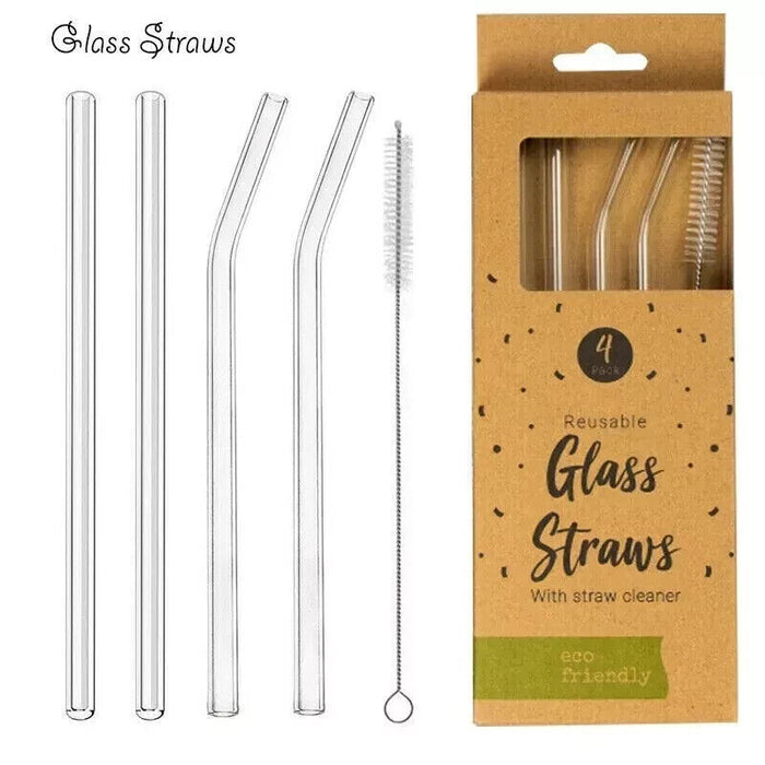 4 x REUSABLE GLASS Drinking Straws with Cleaning BRUSH Party Use Shake Straw UK