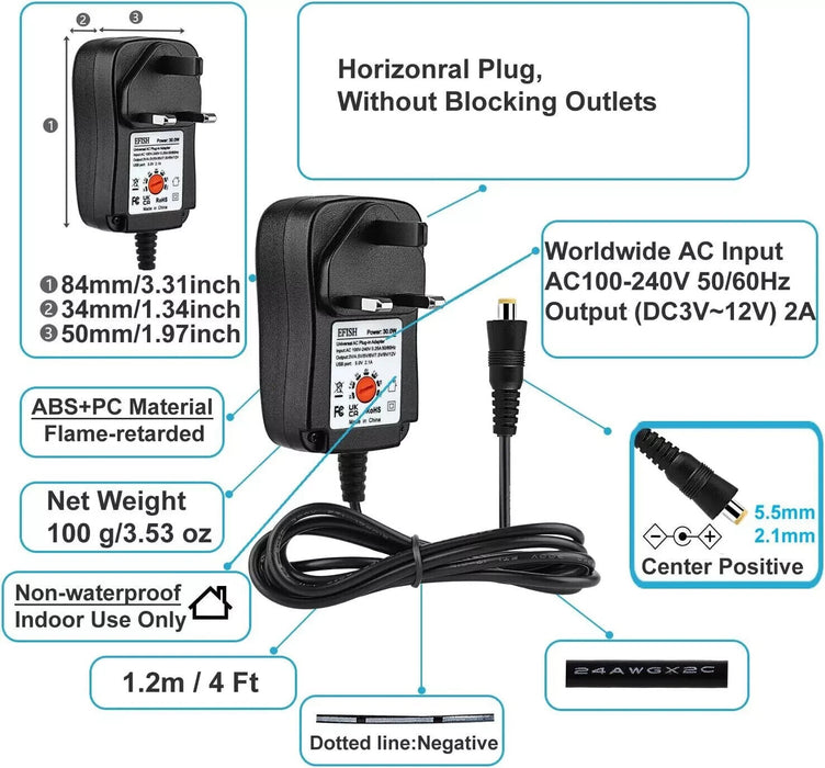 EFISH International Power Adapters Multifunctional Portable (3V-12V)2A+8Plugs