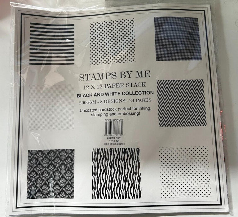 Stamps By Me 12x12 Paper Stack Black and White Collection 200GSM 8 Designs 24pgs