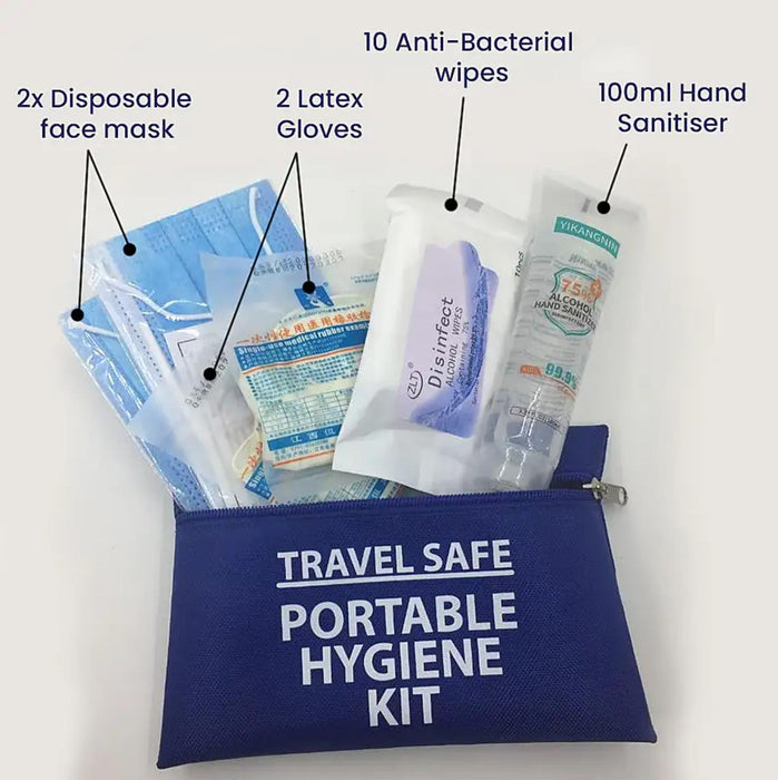 Travel Safe Portable Hygiene Kit (Incl. Travel Pouch, 2 Nitrile Non-powdered Lat