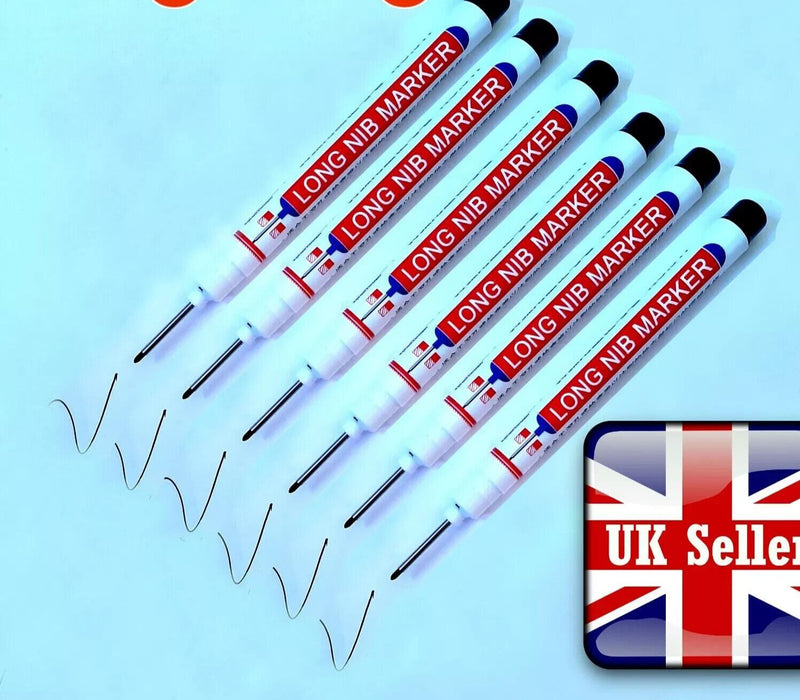 6x Black Long Nib Nose Reach 20mm Permanent Ink Marker Pens Fine Tipped UK Stock