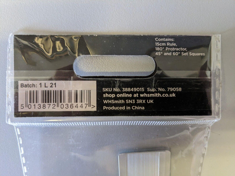 WHSmith Metal 4 Piece Geometry Set 15cm Rule 180 Protractor 45 + 60 Set Squares