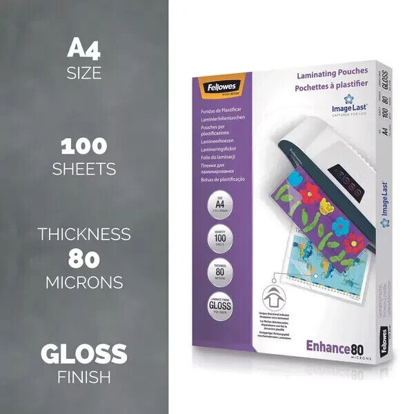 Fellowes A4 Laminating Pouches, Gloss, 80 Micron with Image Last Directional Qua