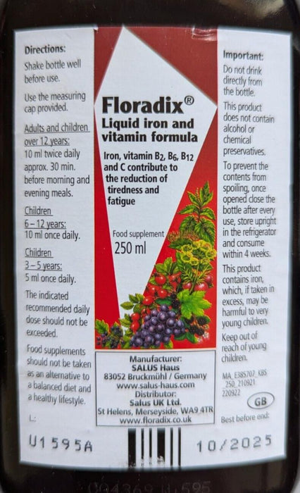 Floradix Liquid Iron and Vitamin Formula Contains Gluten 250ml