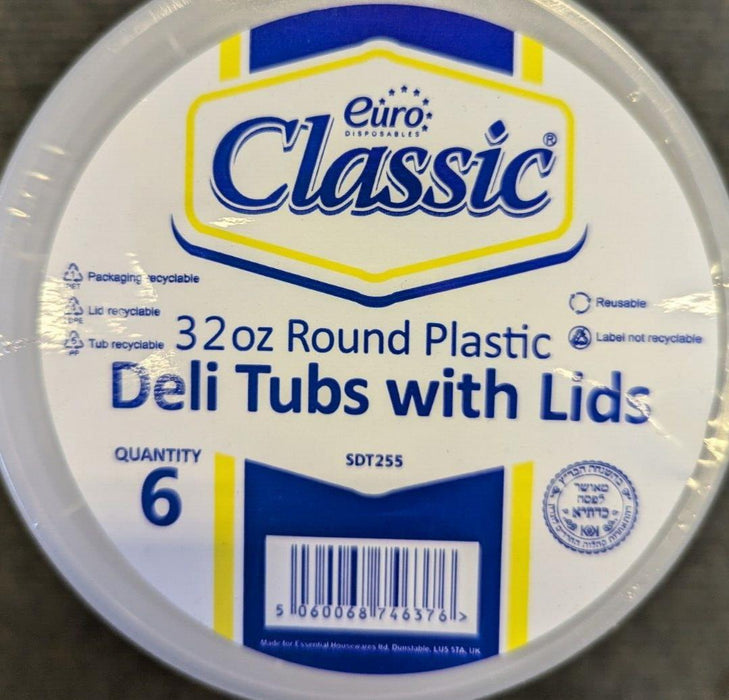 Euro Classics Pack of 6 - 32oz Round PLastic Deli Tubs With Lids