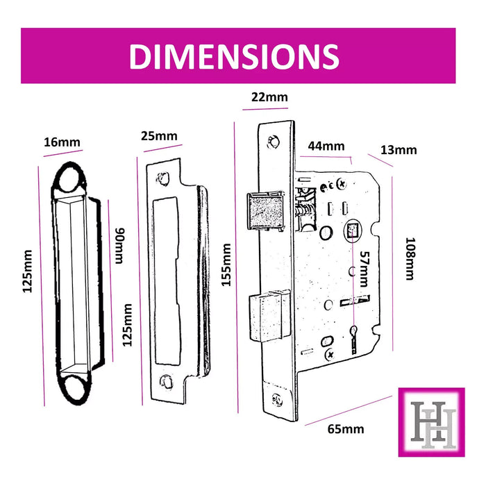 3 LEVER MORTICE SASH DOOR LOCK 2.5 INCH Chrome Finish Fire Rated