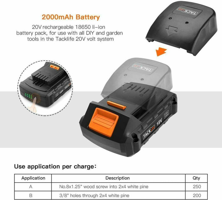 Tacklife 18V 2.0Ah Lithium Ion Cordless Drill Rechargeable Battery PPK02B