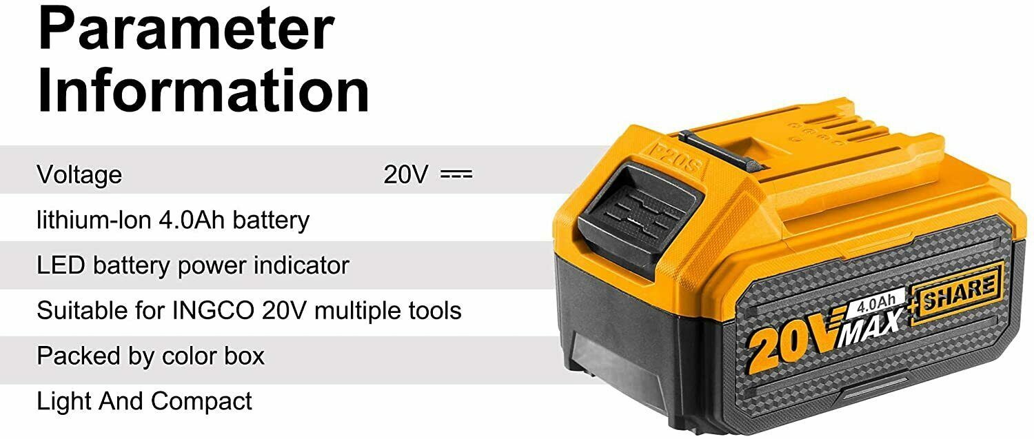 INGCO 20V 4.0Ah Lithium-Ion Battery Pack, Compatible with All INGCO 20V Power To