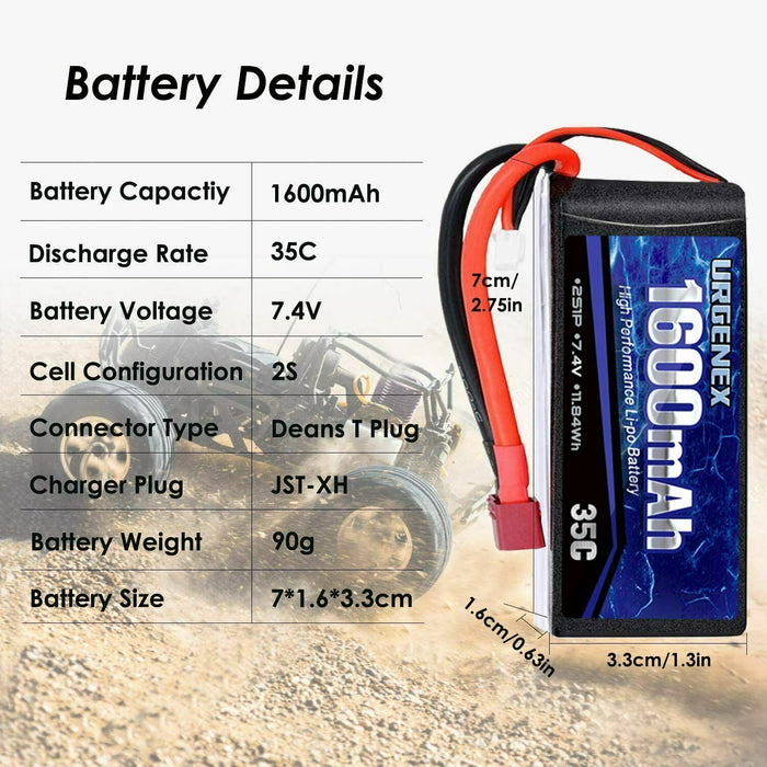 URGENEX 2S Lipo Battery 7.4v Lipo, RC Lipo Batteries 35C 1600mah Li-Po Battery