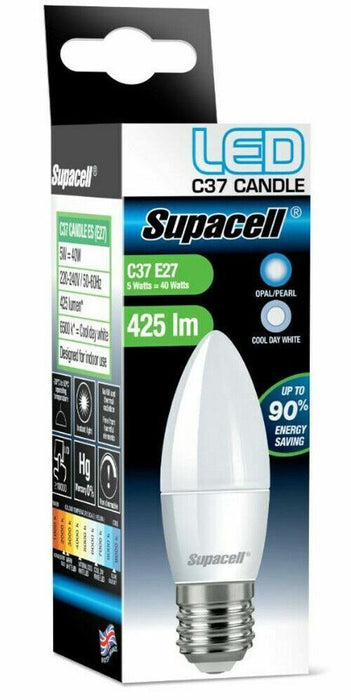 2x Supacell LED Screw Bulb Opal/Pearl Cool Day White C37 E27 470 5w