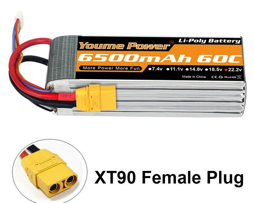 Youme 22.2V 6S 6500mAh 60C XT90 LiPo Battery for Drone Truck Airplane Boat FPV
