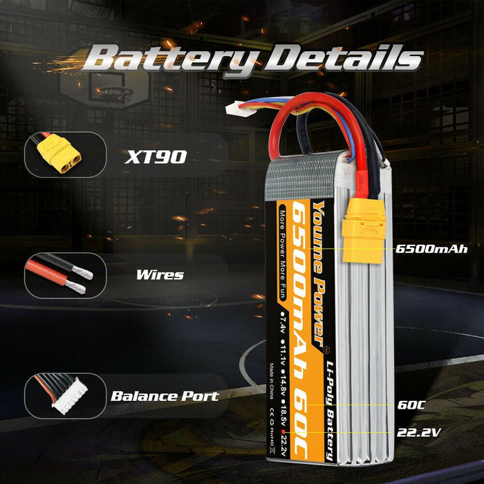 Youme 22.2V 6S 6500mAh 60C XT90 LiPo Battery for Drone Truck Airplane Boat FPV