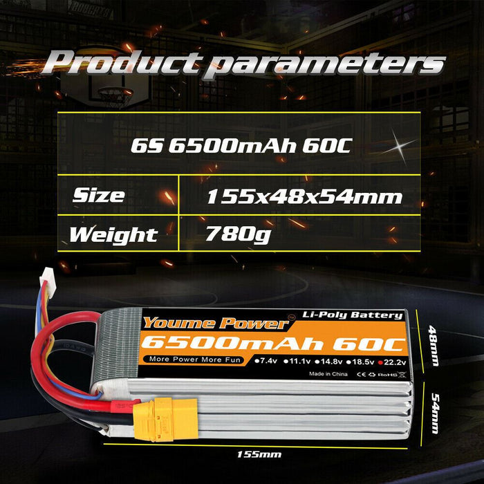 Youme 22.2V 6S 6500mAh 60C XT90 LiPo Battery for Drone Truck Airplane Boat FPV