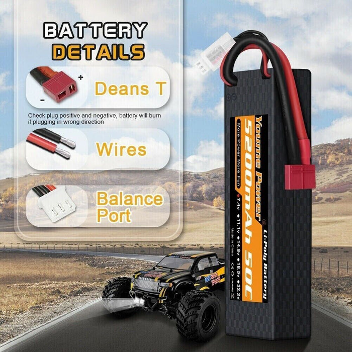 1X Youme 7.4V 2S LiPo Battery 5200mAh 50C Deans T Hardcase for RC Car Truck Boat