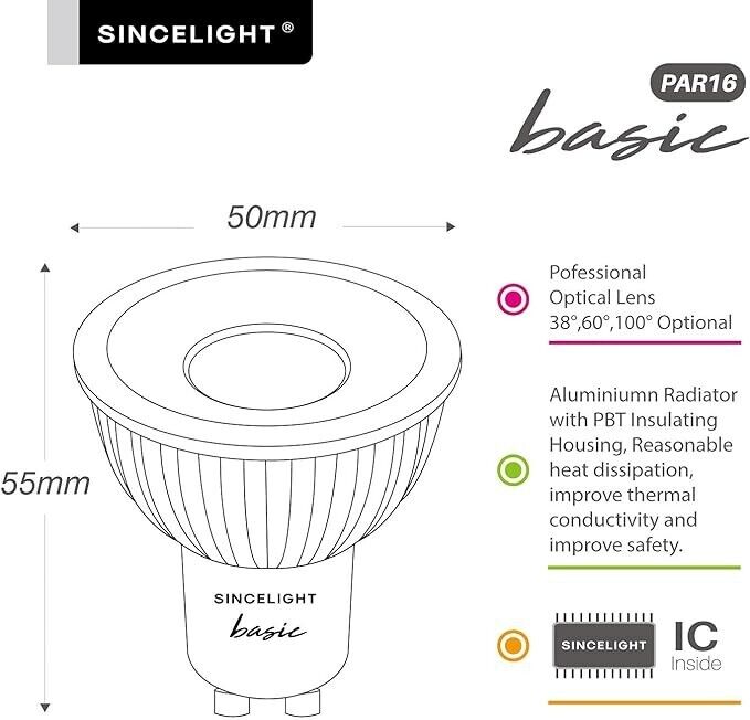 6 Pack SINCELIGHT GU10 LED Spot Light Bulb 38° Beam Angle Narrower Reflector, 6W