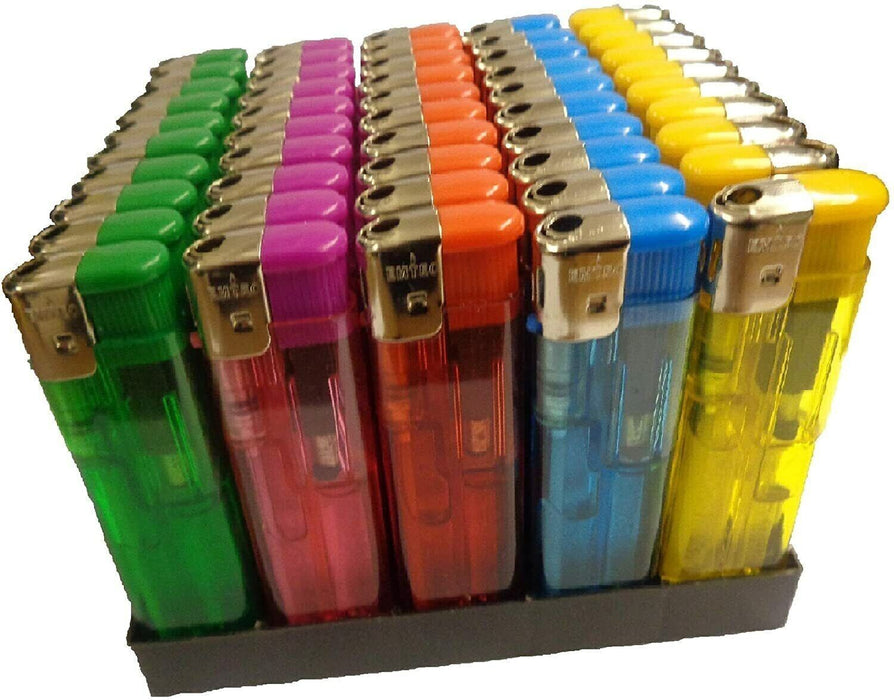 50 Electronic Lighters Refillable Gas Child Safety Adjustable Flame In 5 Colours