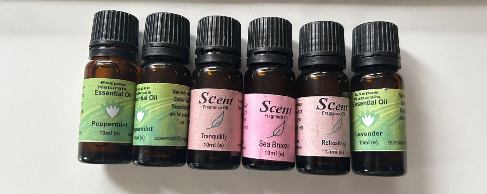 6 x Scent Fragrance Oils 10mls Refreshing, Sea Breeze, Tranquility, Lavender,