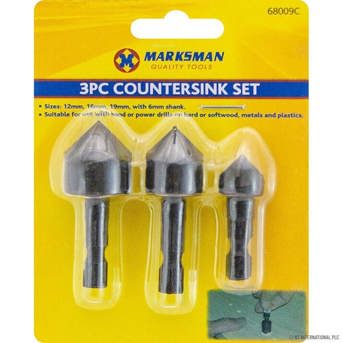 3PC COUNTERSINK DRILL SET HOLE MAKER POWER TOOL HAND WOOD METAL PLASTIC SHANK