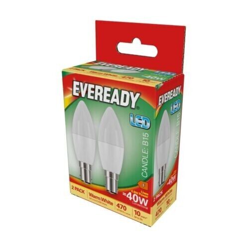 2 x Eveready LED Candle B15 (SBC) Light Bulbs|470 Lumens 4.9W 3,000K|Warm White