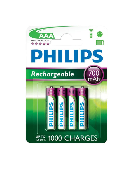 Philips High Capacity Pack of 4 Rechargeable Reusable AAA Battery Batteries