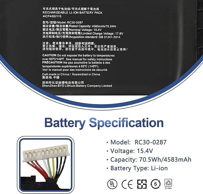 70.5Wh RC30-0287 Laptop Battery Replacement for Razer Blade Pro 17 2019 2020 RZ0