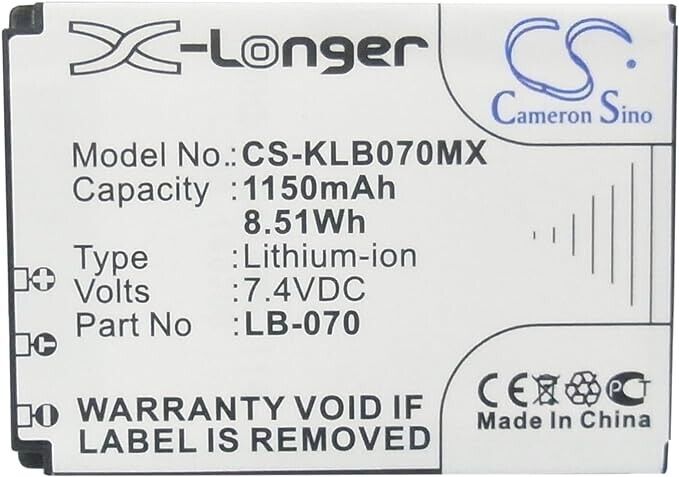 CS-KLB070MX Battery 1150mAh compatible with [Kodak] Pixpro AZ651, Pixpro AZ651 A