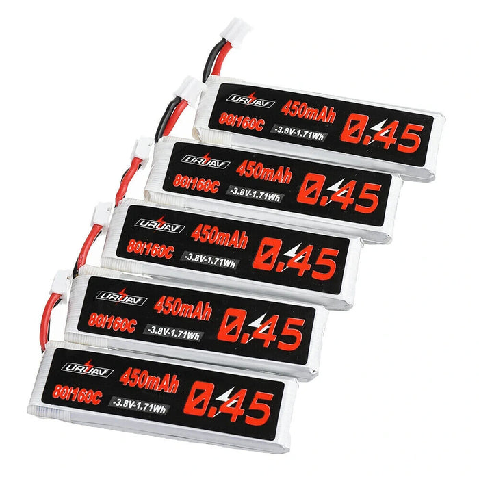 5Pcs URUAV 3.8V 450mAh 80C/160C 1S Lipo Battery PH2.0 Plug for Happymodel Crux3