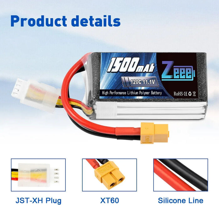 Zeee 11.1V 1500mAh 3S LiPo Battery 120C XT60 for RC Car Airplane Helicopter