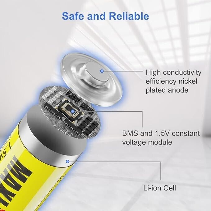 1.5V AA Lithium Rechargeable Batteries 2520mWh, 1500 Cycles Lithium AA Batteries