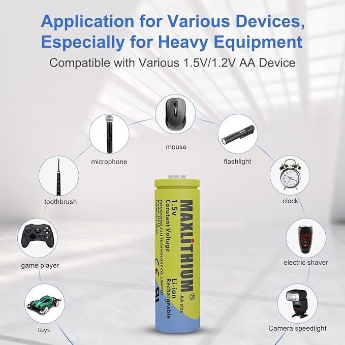 1.5V AA Lithium Rechargeable Batteries 2520mWh, 1500 Cycles Lithium AA Batteries