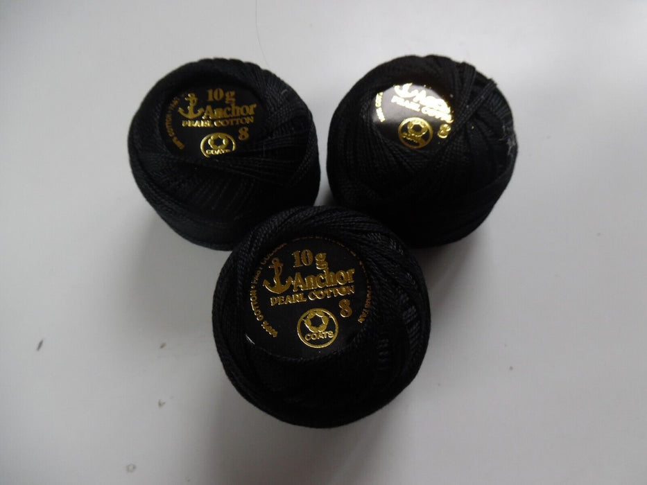 Anchor 10x Pearl Cotton Thread 8 Black 10g Ball Sewing 100% cotton 3 pack