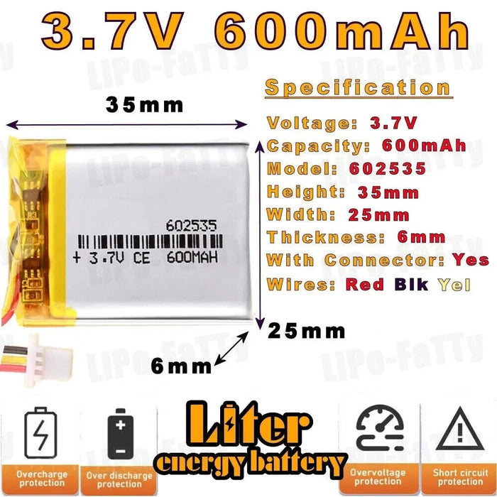 3.7v 600mAh 602535 Rechargeable Lithium Cell Battery LiPo MP3 GPS RC Speaker