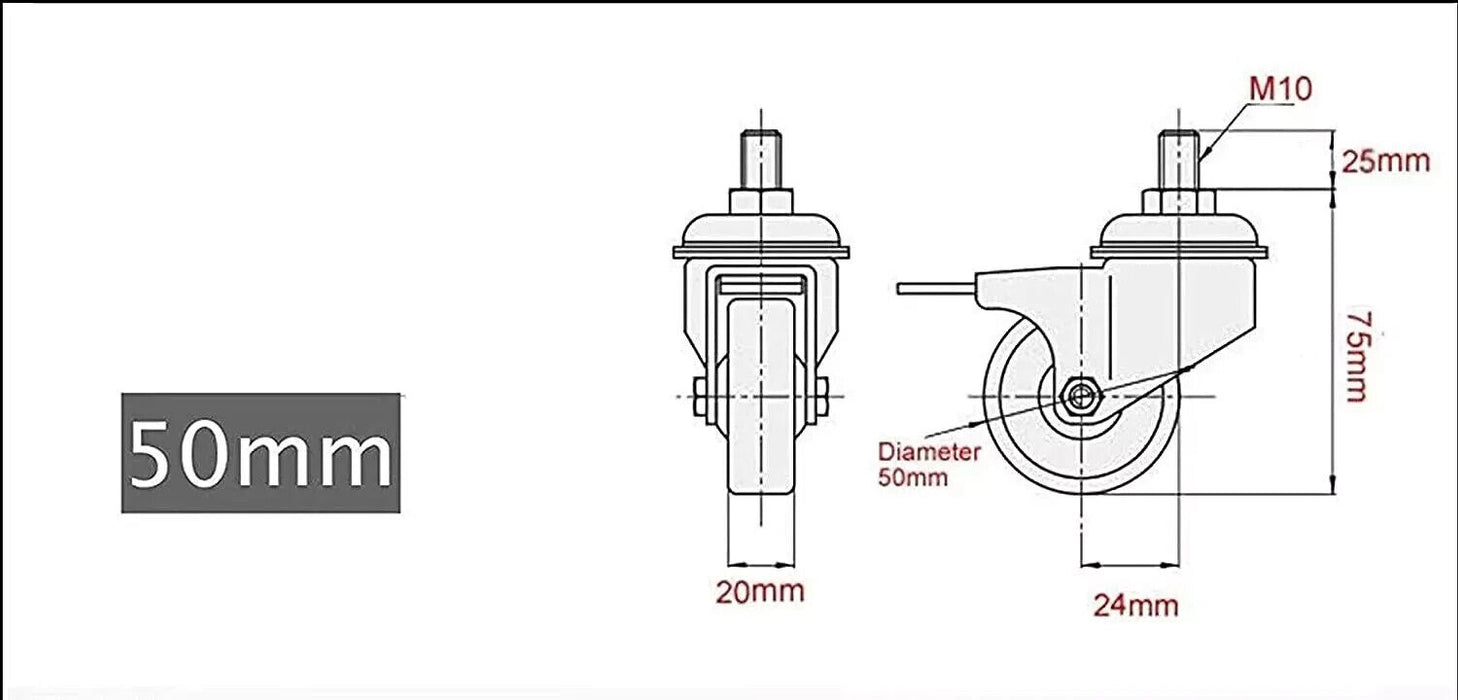 4 x GBL Heavy Duty Furniture Wheels with 2 Brakes + Screws - 50mm M10x25mm