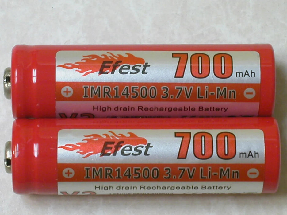 2 EFEST IMR 14500 Li-Mn 700maH HIGH DRAIN Rechargeable Battery 3.7V -BUTTON TOP