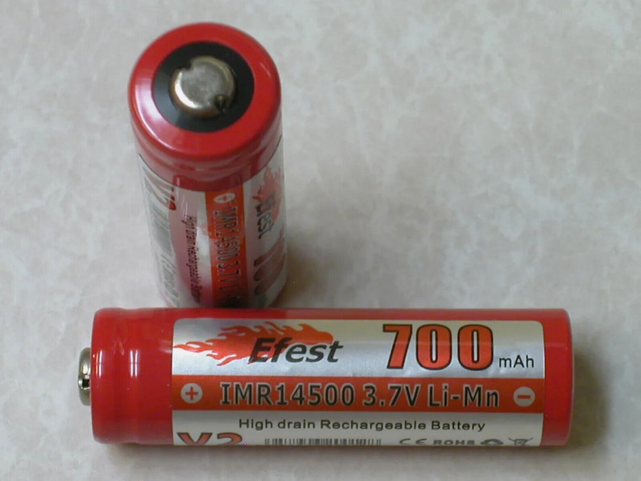 2 EFEST IMR 14500 Li-Mn 700maH HIGH DRAIN Rechargeable Battery 3.7V -BUTTON TOP