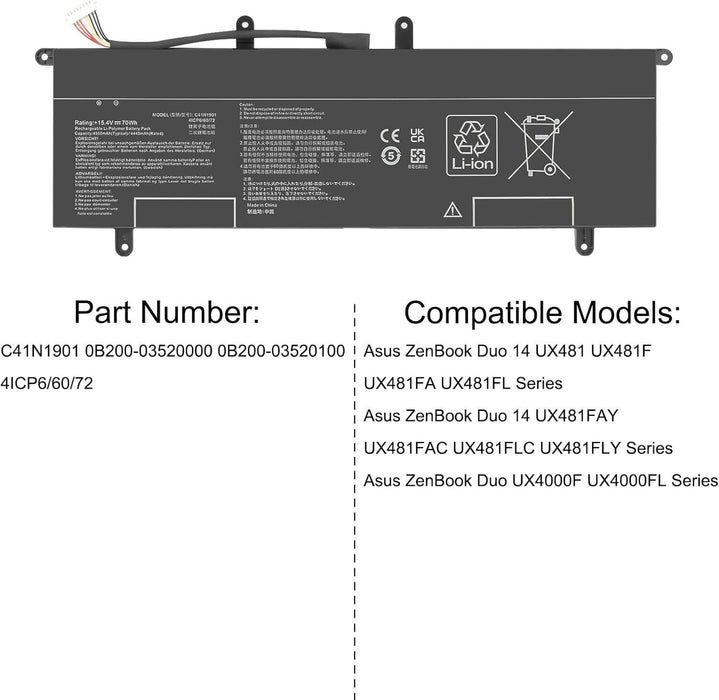 C41N1901 Battery for Asus ZenBook Duo 14 - 15.4V 70Wh -  UX481 UX481F UX481FL