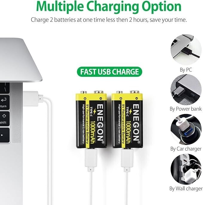ENEGON 2 Pack 9V Rechargeable Lithium Batteries, 1000mAh with 2-in-1 TYPE-C