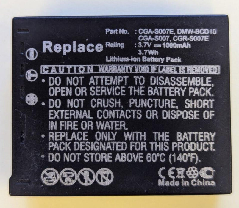 Premium Battery for Panasonic CGR-S007E, CGR-S007E/1B, Lumix DMC-TZ50, CGA-S007E