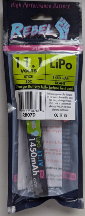 REBEL 11.1 Volts LiPo Battery Stick 1450mAh DEANS RB07