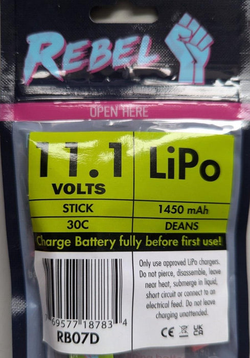 REBEL 11.1 Volts LiPo Battery Stick 1450mAh DEANS RB07D