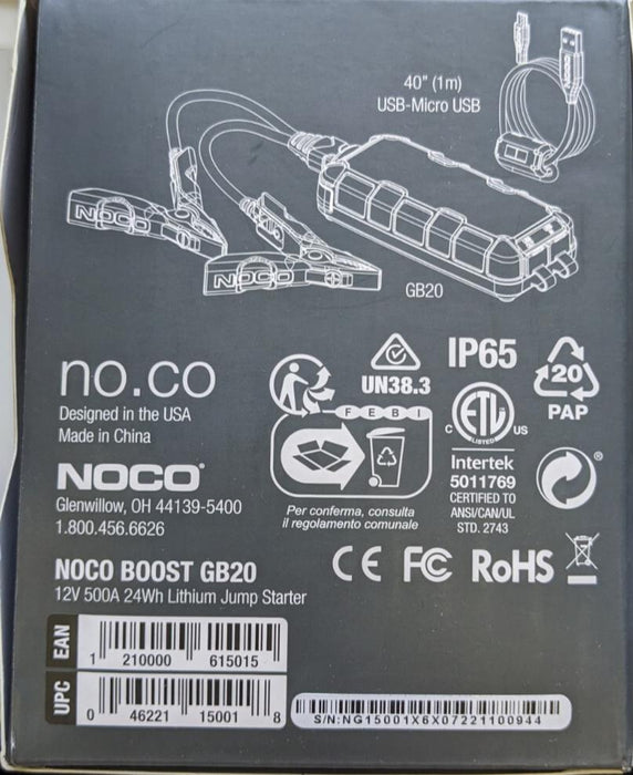 NOCO Boost Sport GB20 500 Amp 12-Volt  Portable Jump Starter Car Battery Booster
