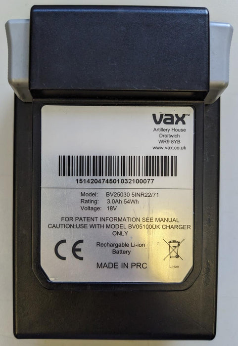 Vax OnePWR Vax battery Model: BV25030 5INR22/71 Rating: 3.0Ah 54Wh Voltage: 18V
