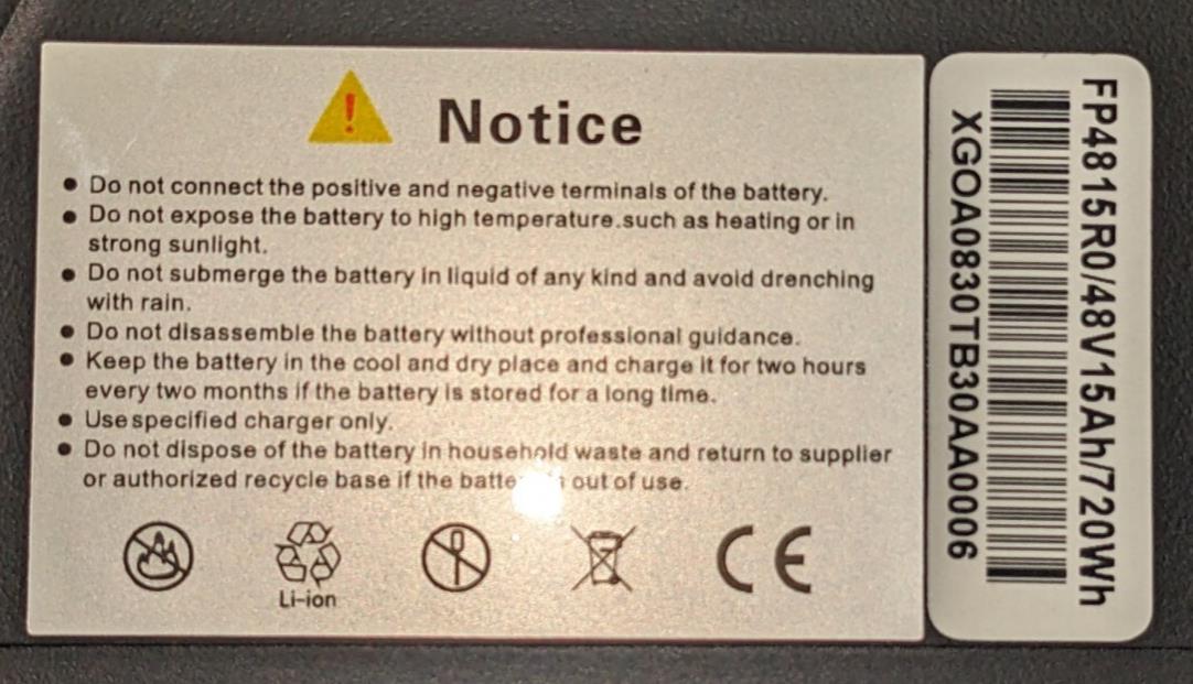 battery 48V 15Ah 720Wh Lithium Ion