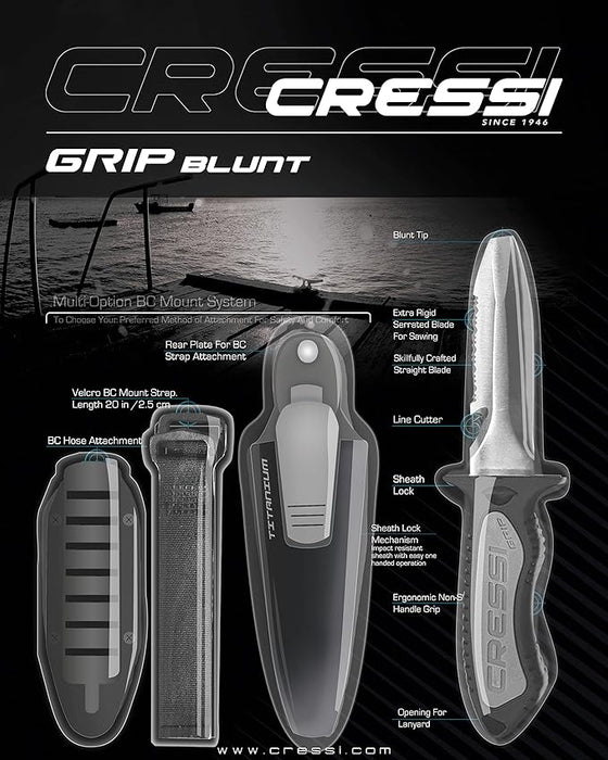 Cressi Crg1B Unisex Adult Grip Blunt Tip Knife Diving Knife - Black/Silver, 17.50 cm