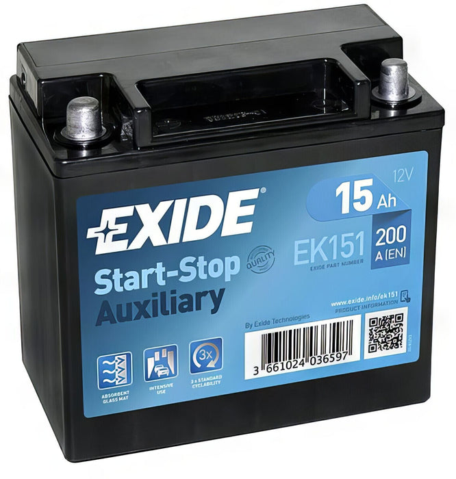 EK151 AGM 12V Auxilary Battery 15AH 200CCA Replacement By Exide
